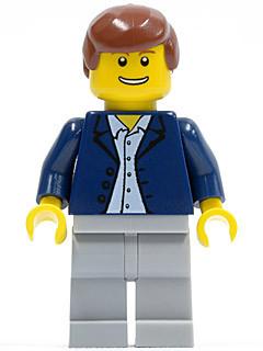 LEGO Minifigure-Dark Blue Jacket, Light Blue Shirt, Light Bluish Gray Legs, Reddish Brown Male Hair (3181)-Town / City / Airport-TWN053-Creative Brick Builders